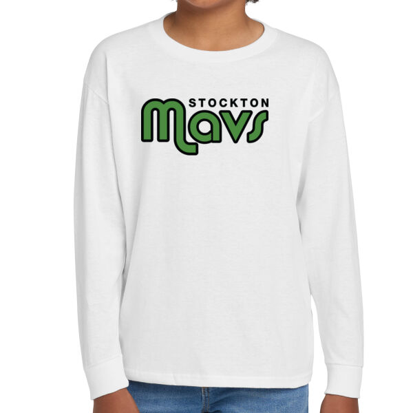 Stockton Mavericks Youth White Heavy Cotton 100% Cotton Long Sleeve T Shirt Thumbnail